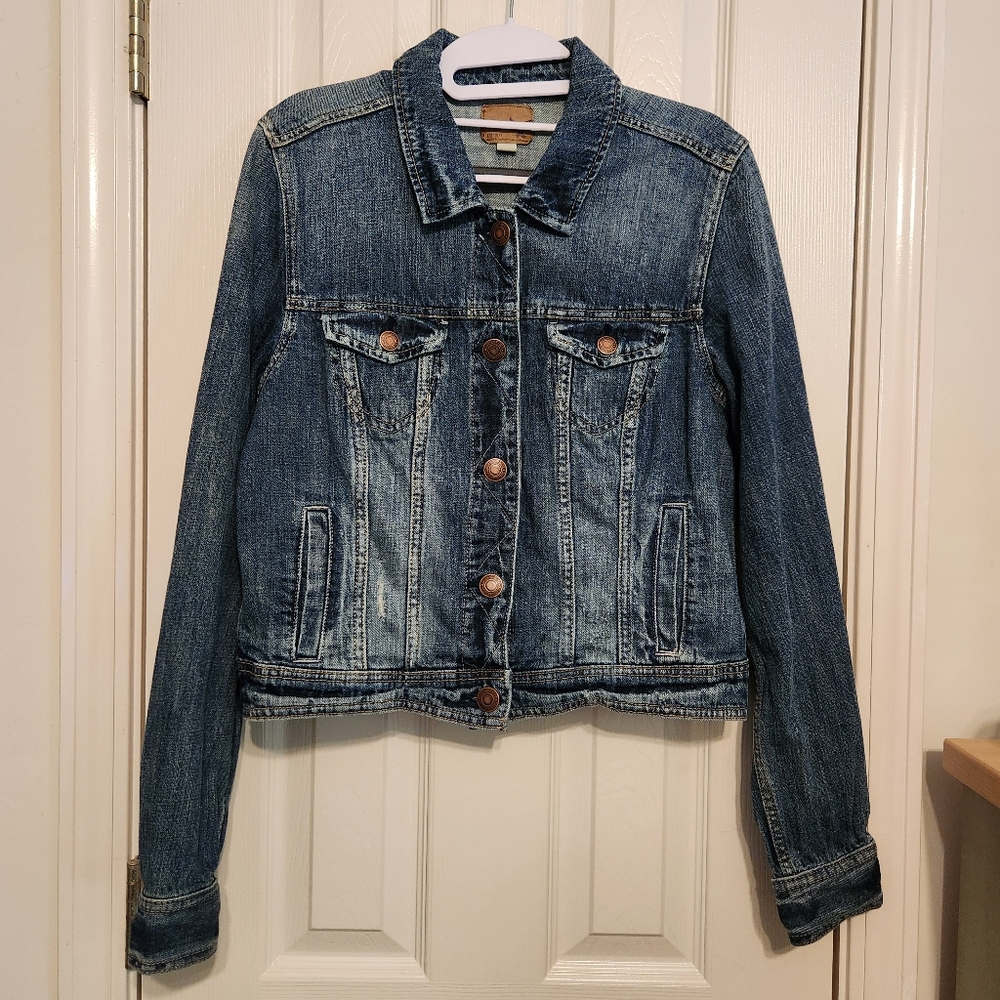 🦅American Eagle Outfitters Cropped Distressed Denim Jacket Size Large - Picture 4 of 12